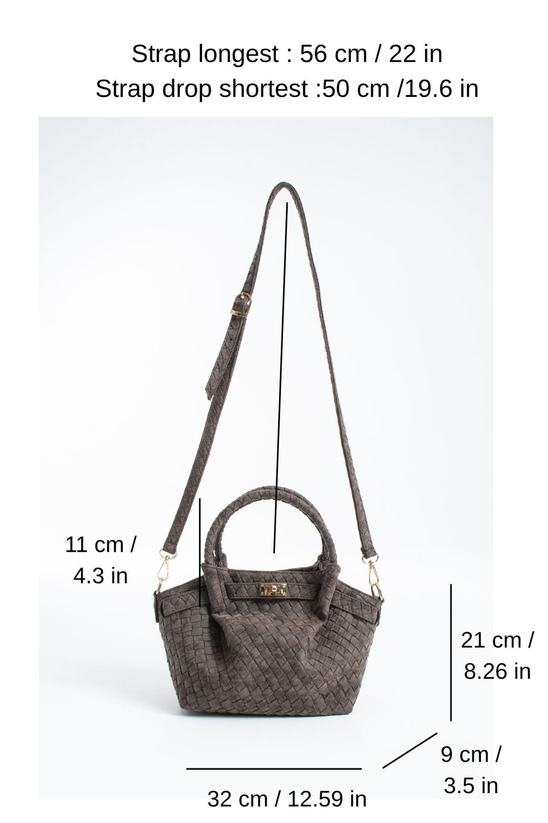 Woven Suede Top Handle Crossbody Bag with Twist Lock Detail - Brown