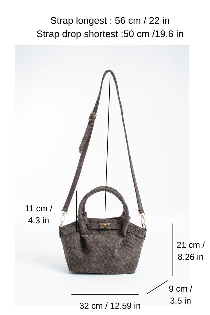 Woven Suede Top Handle Crossbody Bag with Twist Lock Detail - Brown