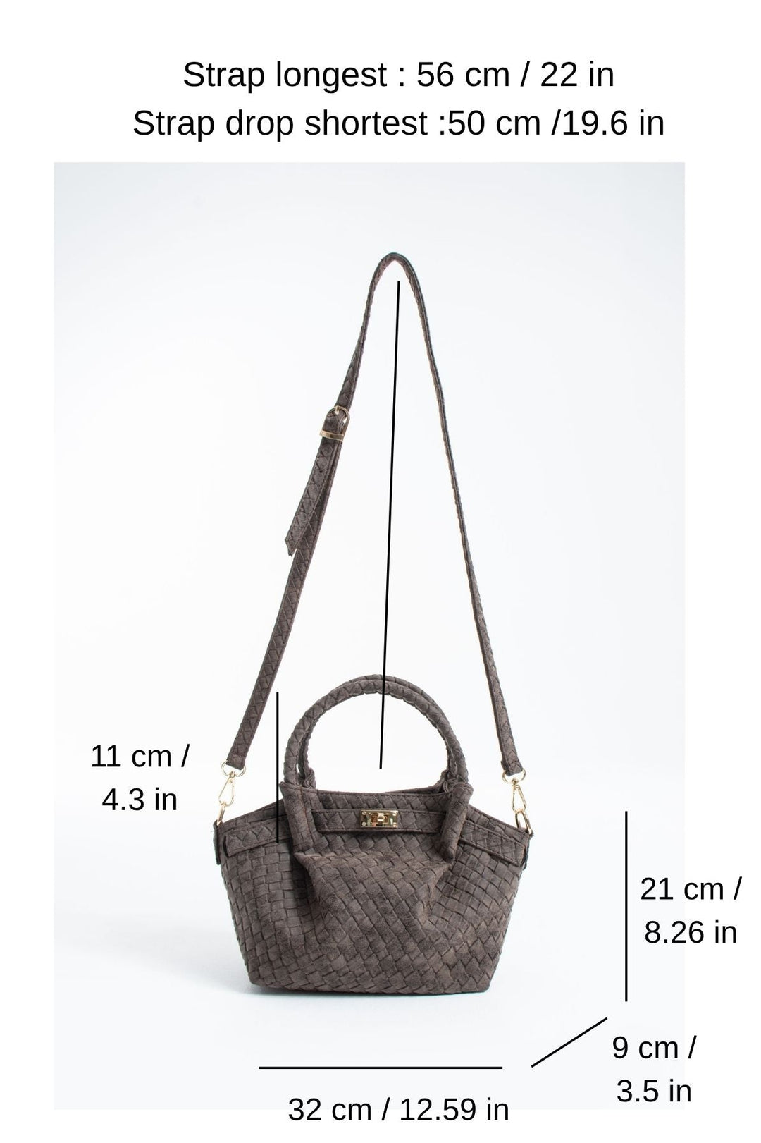 Woven Suede Top Handle Crossbody Bag with Twist Lock Detail - Brown