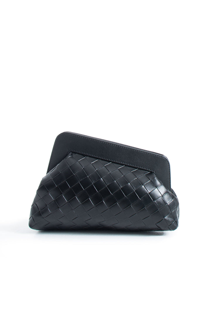 Asymmetrical  Braided Pu Leather  Clutch Bag With Detachable Strap - Black