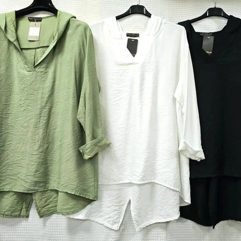 V Hooded Linen Look Tunic - jqwholesale.com