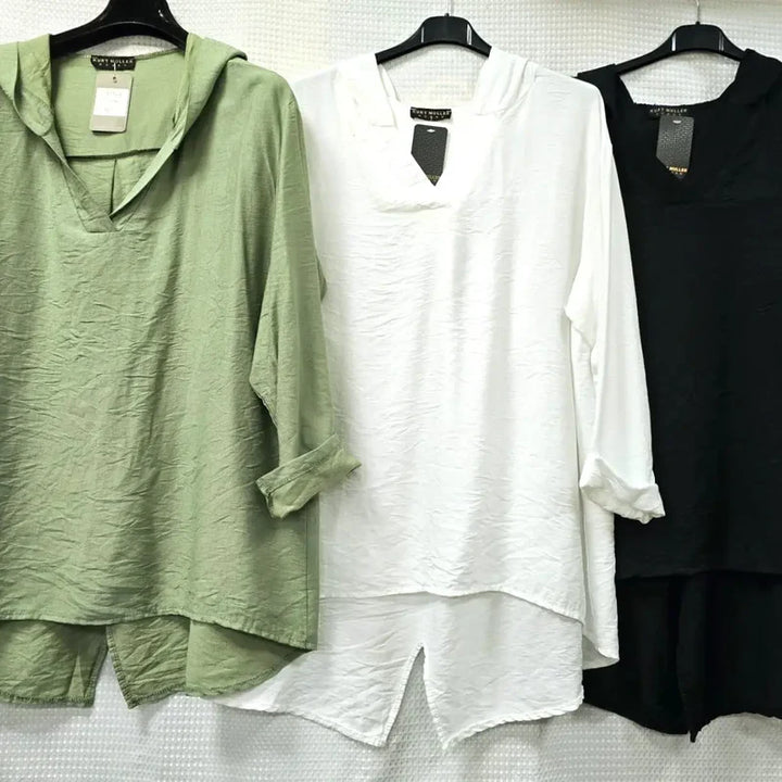 V Hooded Linen Look Tunic - jqwholesale.com