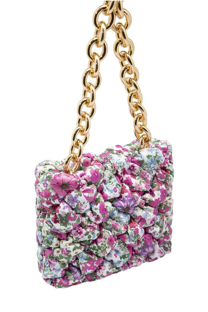 Purple Floral Ruched Mini Bag with Gold Chain - jqwholesale.com