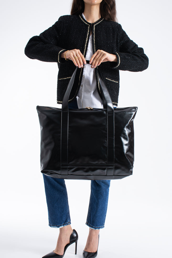 Metallic Finish Pu Leather Weekend Bag - Black