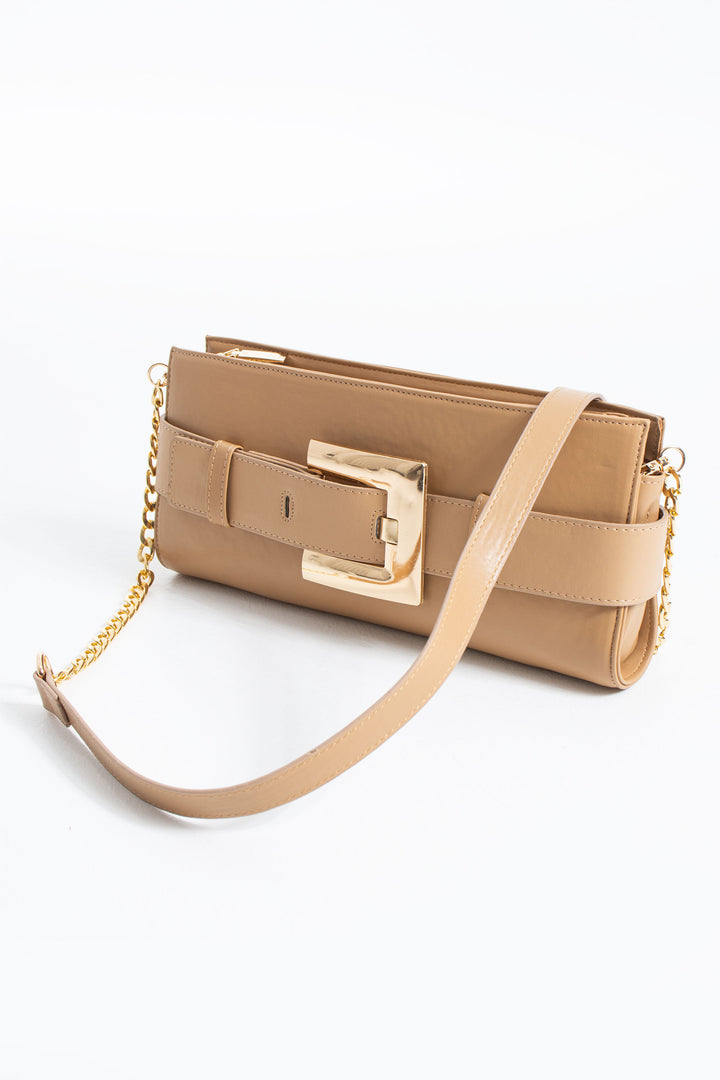PU Leather Shoulder & Clutch Bag with Large Gold Buckle - Nude