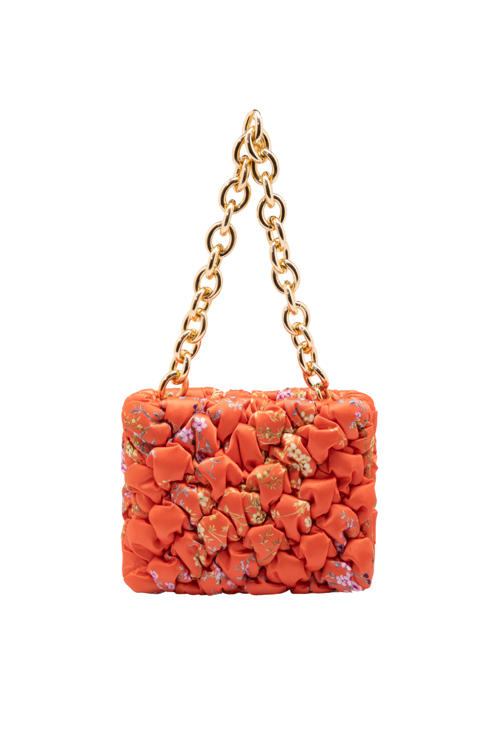 Orange Ruched Floral Mini Bag with Gold Chain - jqwholesale.com