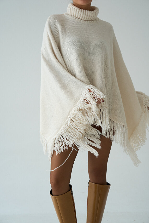 Fringe Hem Turtleneck Poncho – Cream