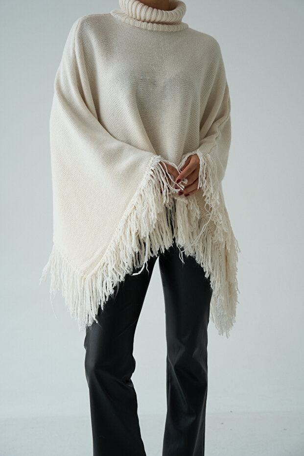 Fringe Hem Turtleneck Poncho – Ecru