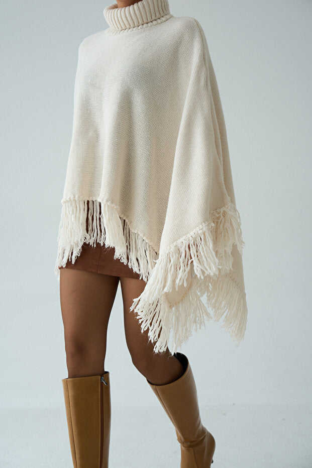 Fringe Hem Turtleneck Poncho – Cream - jqwholesale.com