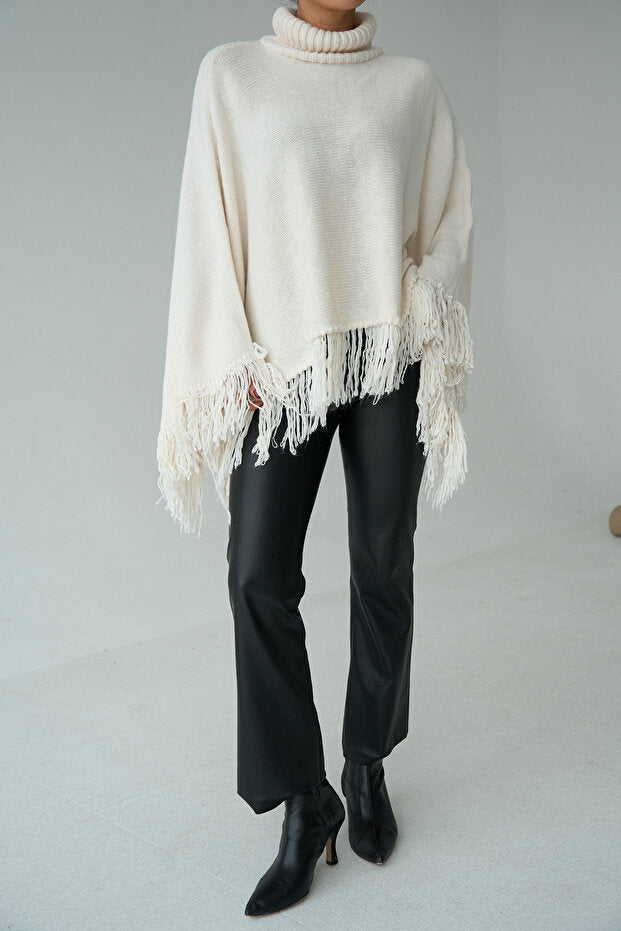 Fringe Hem Turtleneck Poncho – Ecru