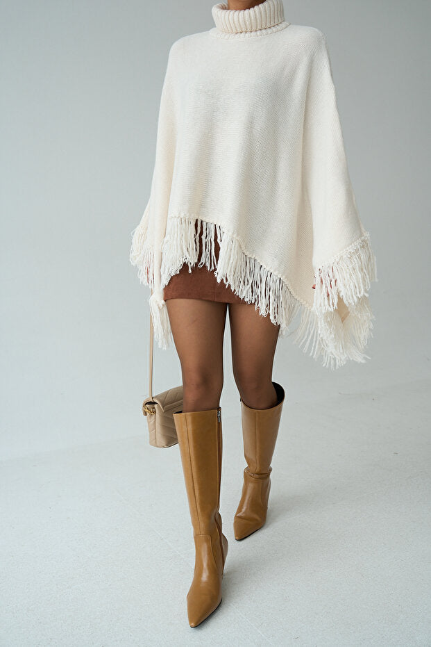 Fringe Hem Turtleneck Poncho – Cream