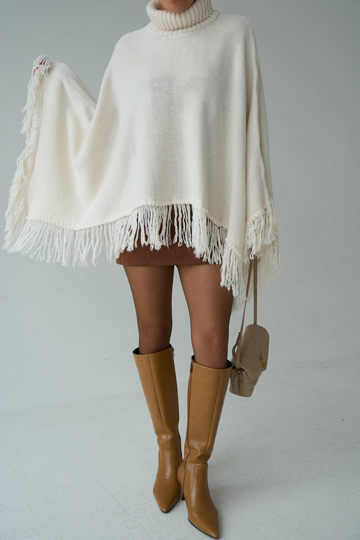 Fringe Hem Turtleneck Poncho – Cream - jqwholesale.com