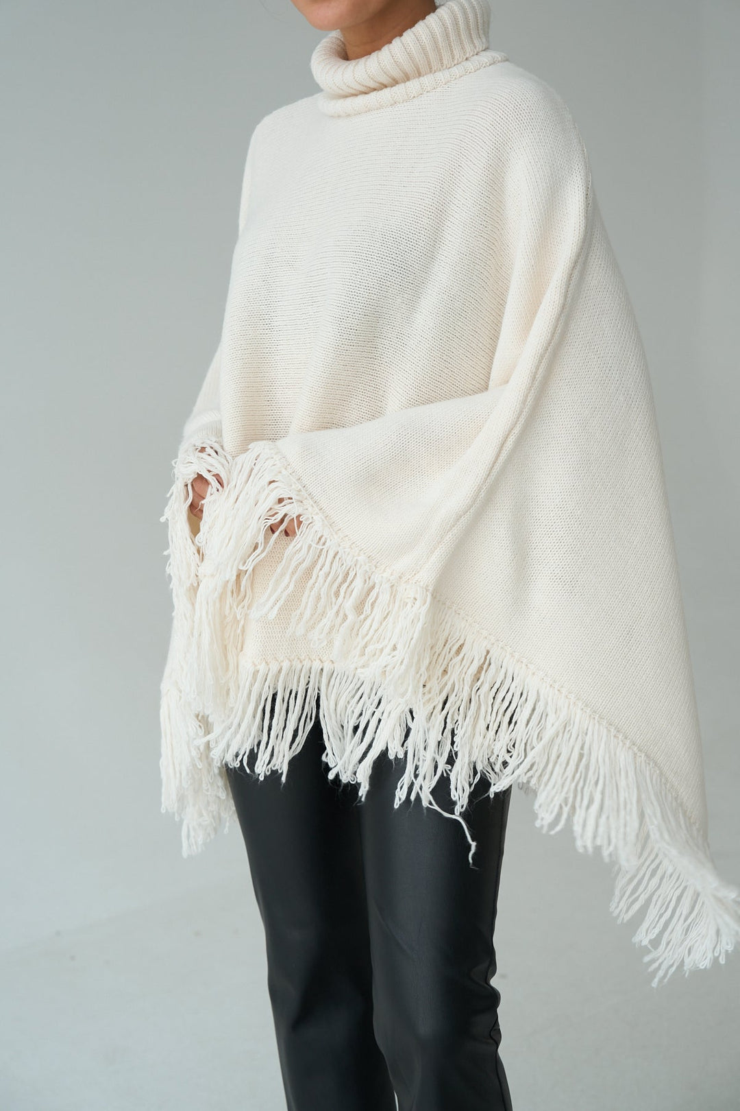 Fringe Hem Turtleneck Poncho – Ecru - jqwholesale.com