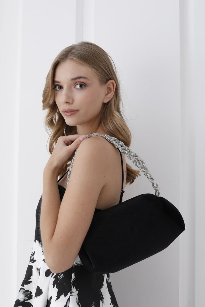 Chunky Braided Diamante Strap  Shoulder Bag - Black