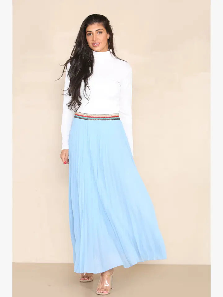 Pleated MAXI Skirt with Rainbow Elasticated Waistband - jqwholesale.com