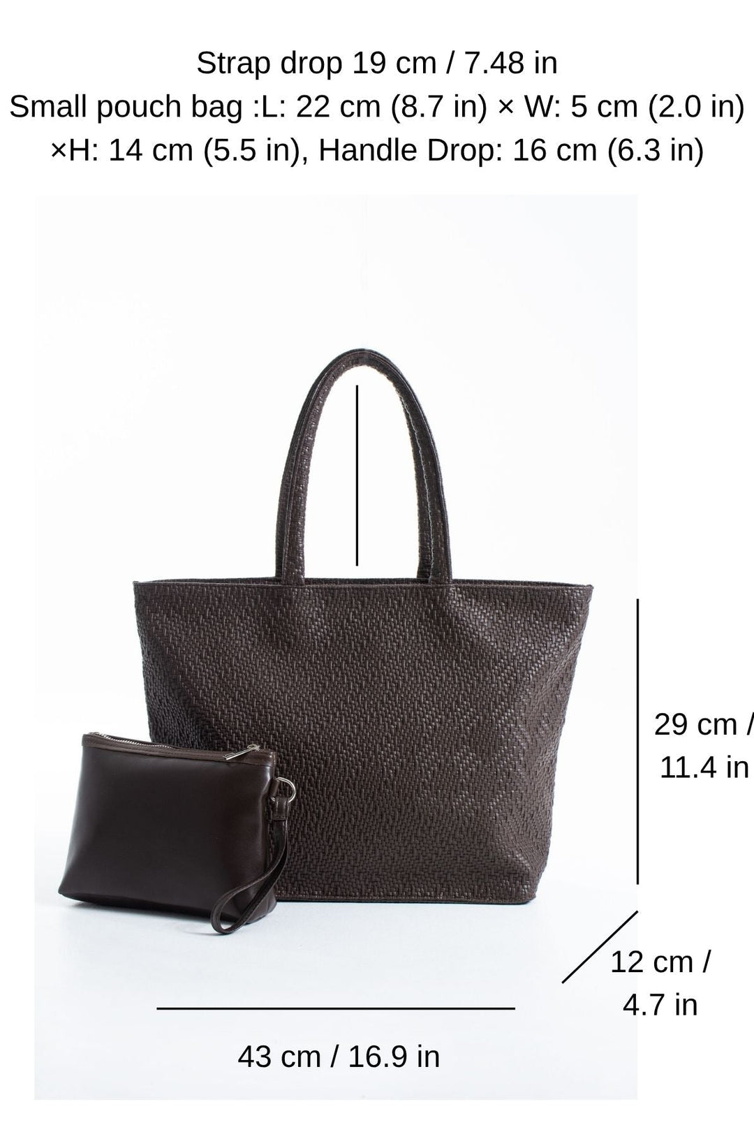 Woven Pu Leather Tote Bag with Matching Zipper Pouch 2PCS Set - Brown