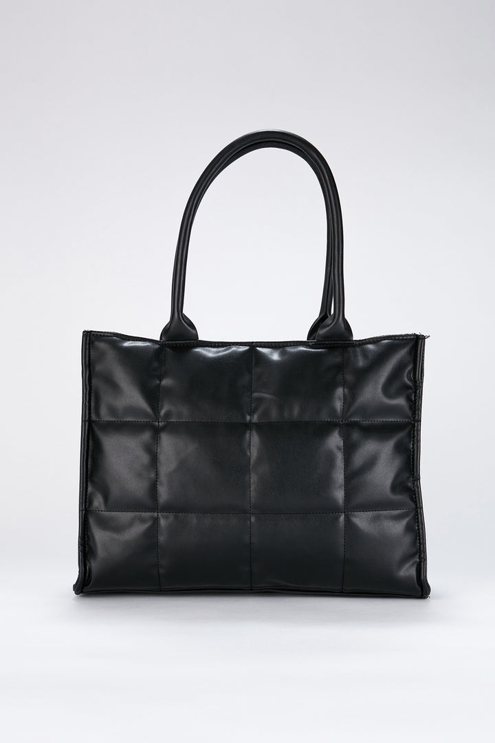 Quilted Pu Leather Tote Bag with Detachable Strap - Black
