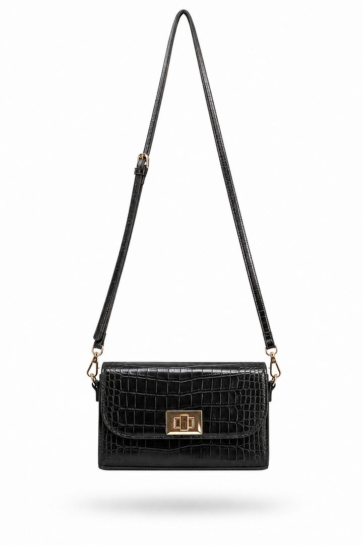 Croc Pu Leather Detachable Strap Crossbody Bag - Black