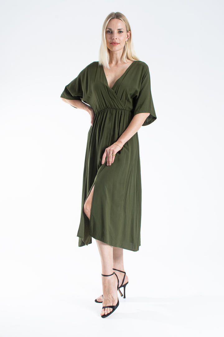 Womens Viscose V Neck Short Sleeve Midi Dress - Khaki