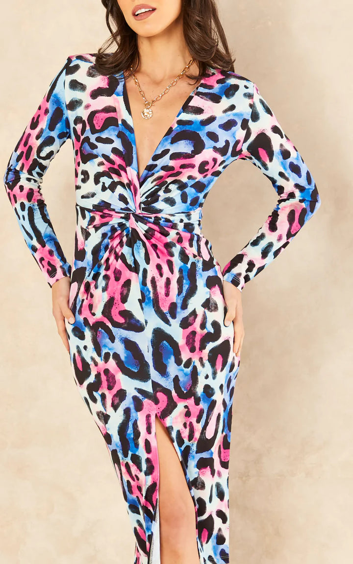Leopard Print Twist Midi Dress with Long Sleeves - jqwholesale.com