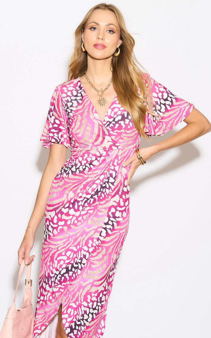 Flirty Flutter Sleeve Wrap Midi Dress in Fuchsia Animal Print - jqwholesale.com