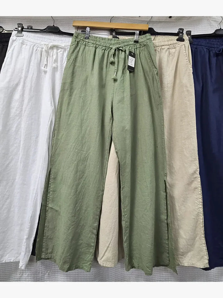 Side Split Wide Leg Linen Cotton Trousers - jqwholesale.com