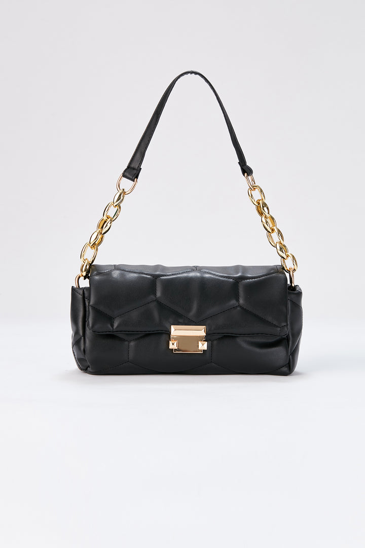 Quilted Pu Leather Shoulder Bag - Black