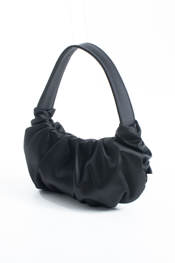 Pleated Satin Shoulder Bag - Black