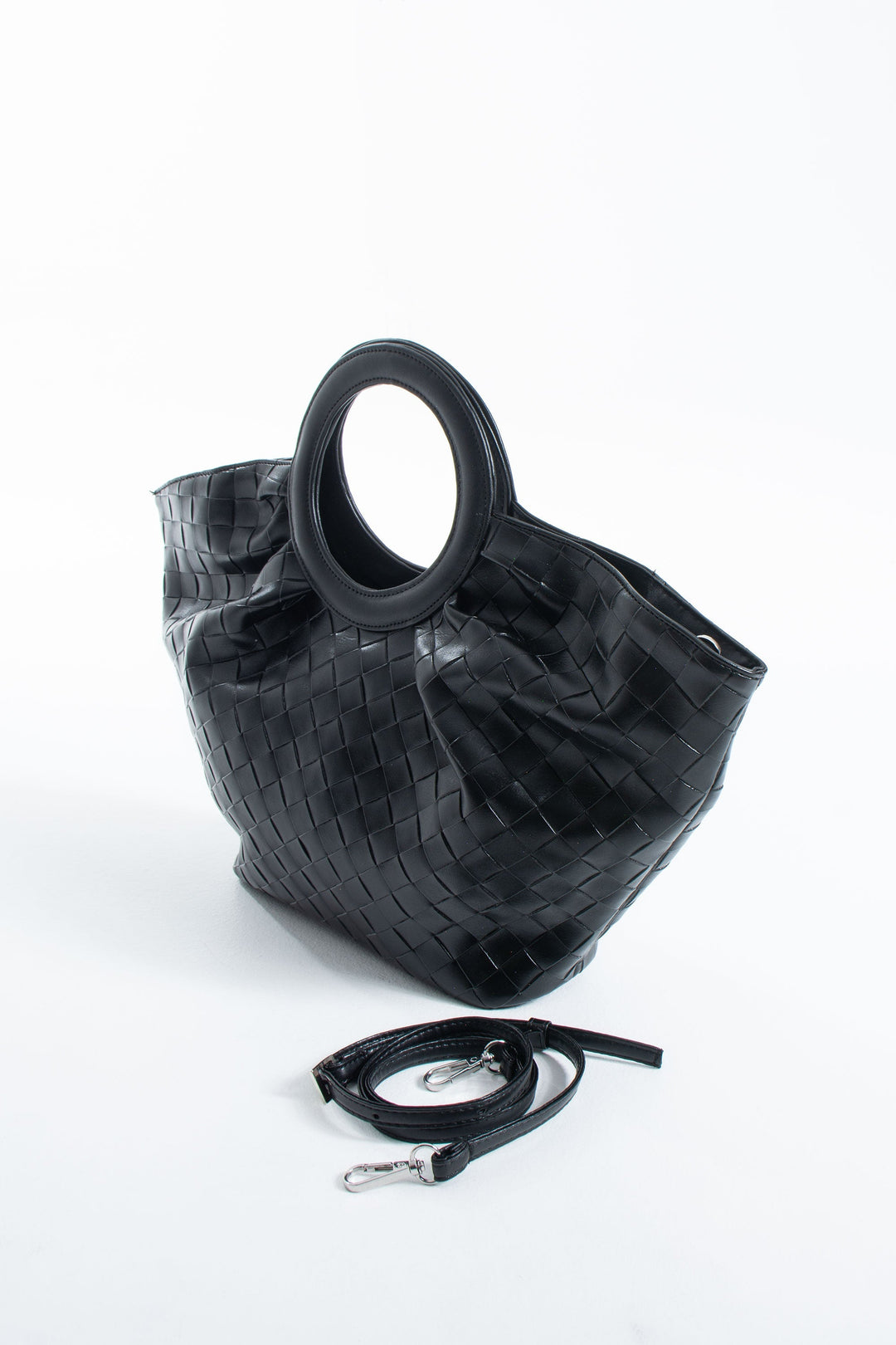 Textured Pu Leather Top Handle Tote Bag - Black