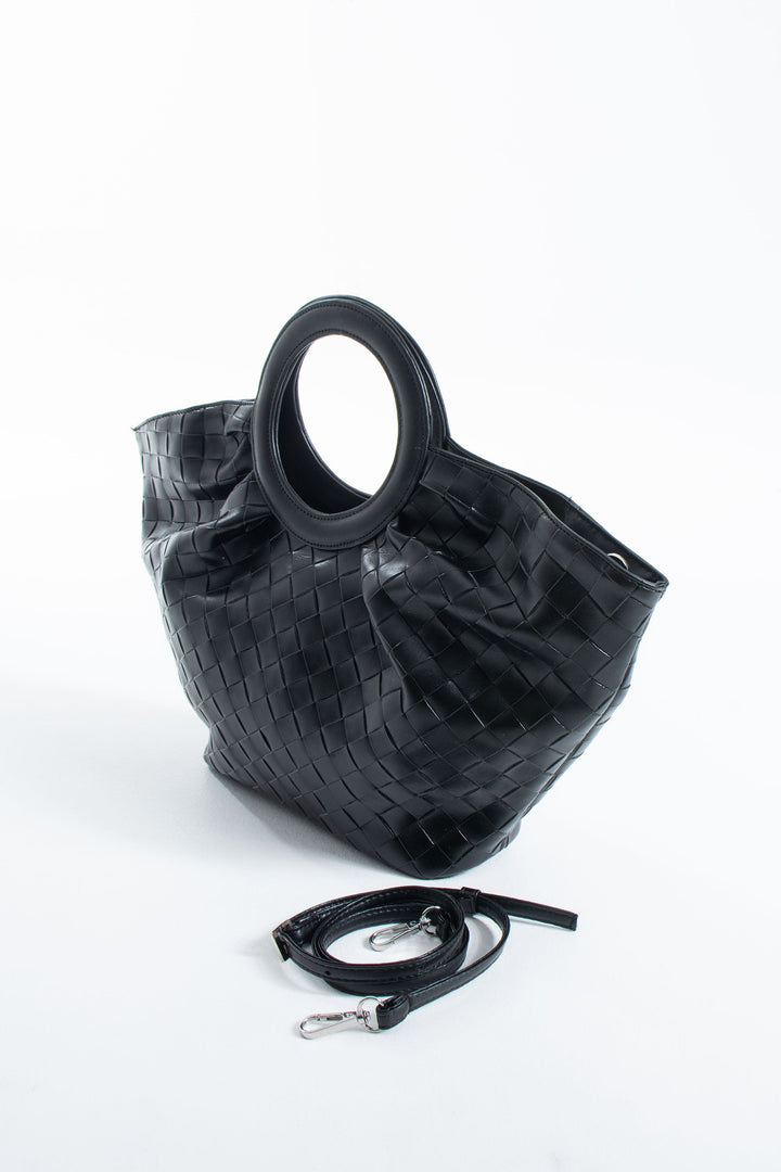 Textured Pu Leather Top Handle Tote Bag - Black