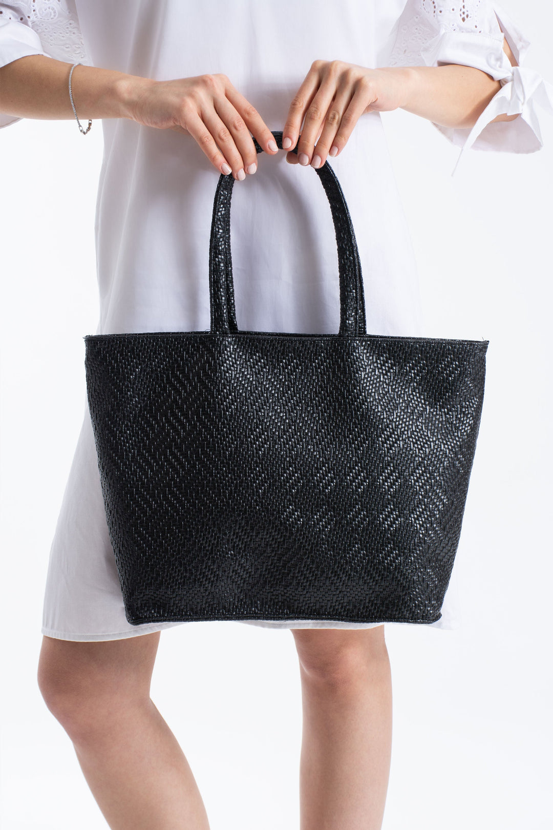 Woven Pu Leather Tote Bag with Matching Zipper Pouch 2PCS Set - Black