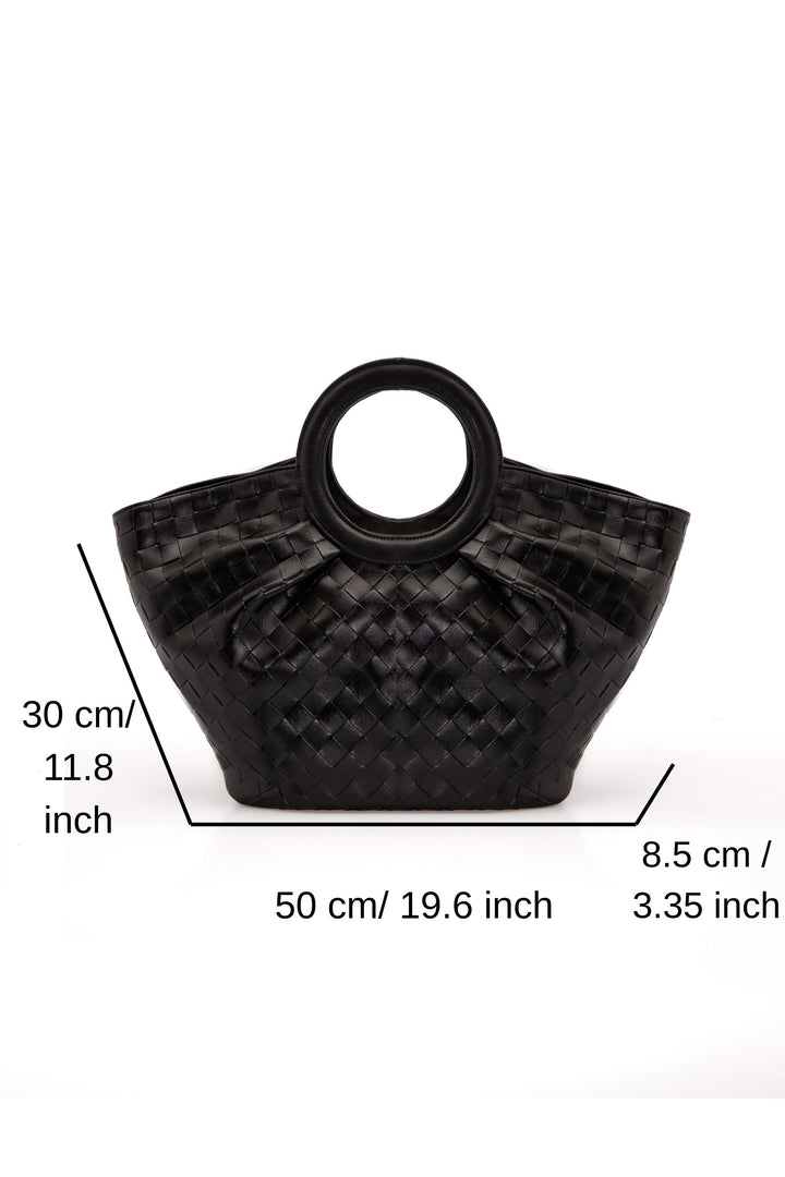 Textured Pu Leather Top Handle Tote Bag - Black
