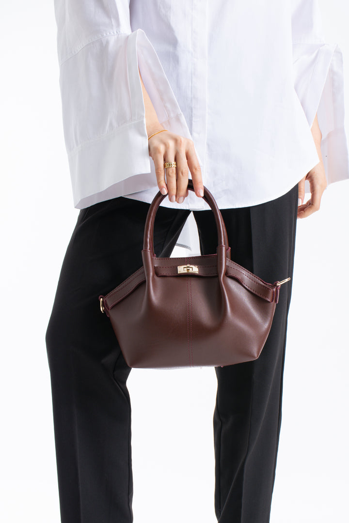 Pu Leather Top Handle Crossbody Bag with Twist Lock Detail - Burgundy