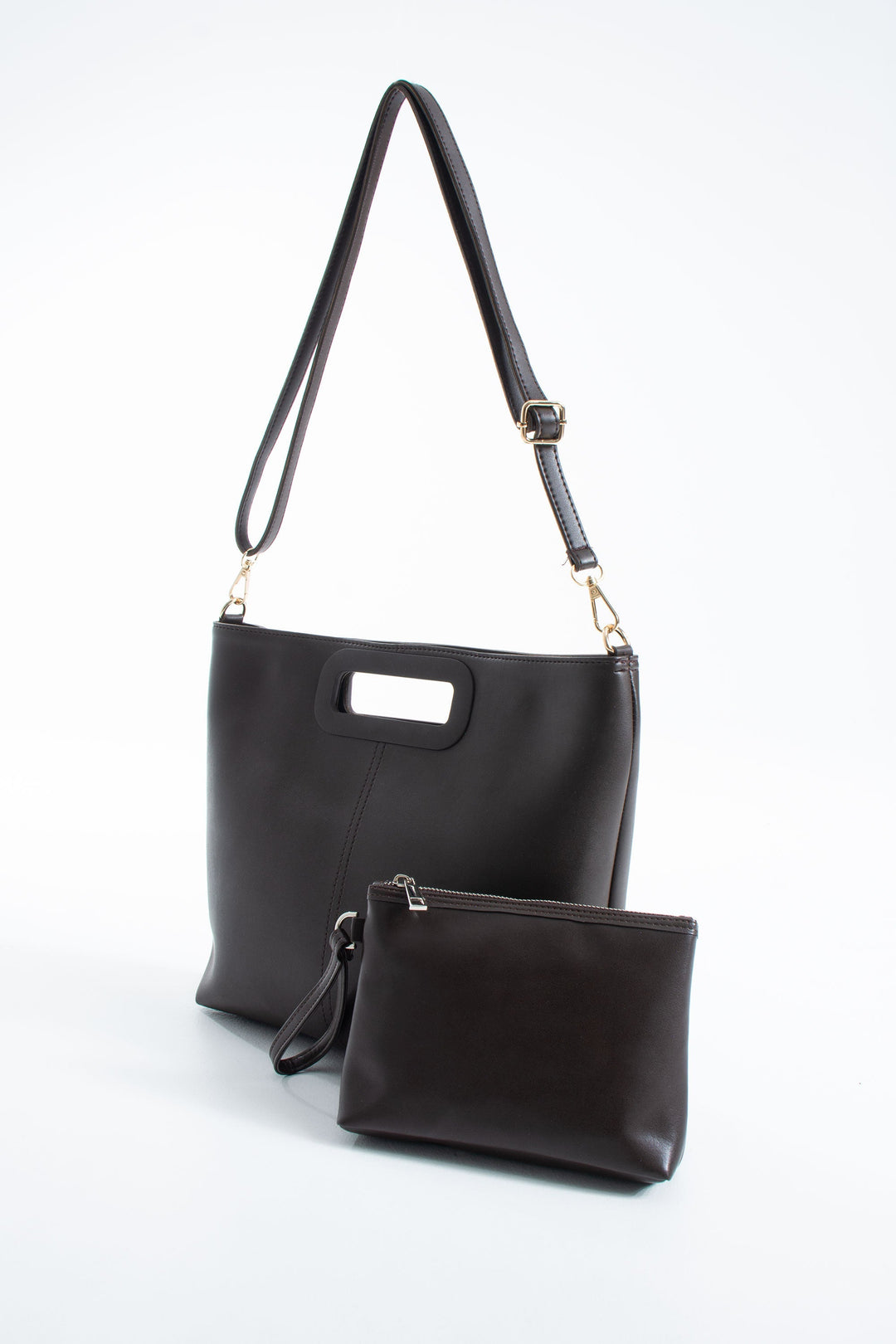 Handle Detail Pu Leather Large Handbag with Detachable strap - Brown