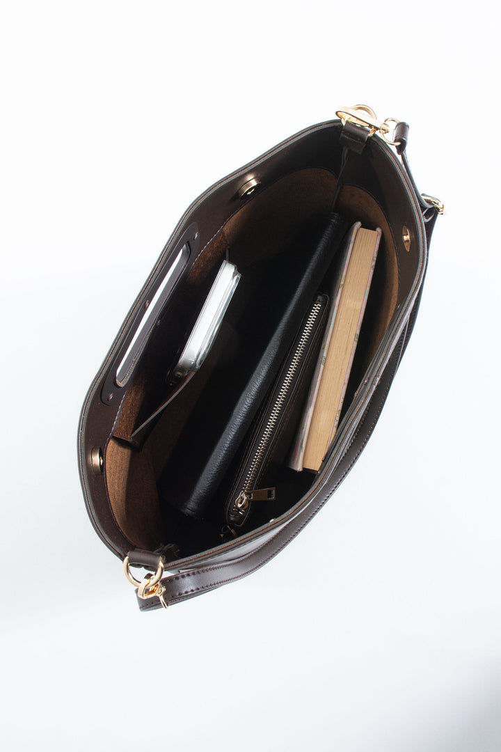 Handle Detail Pu Leather Large Handbag with Detachable strap - Brown