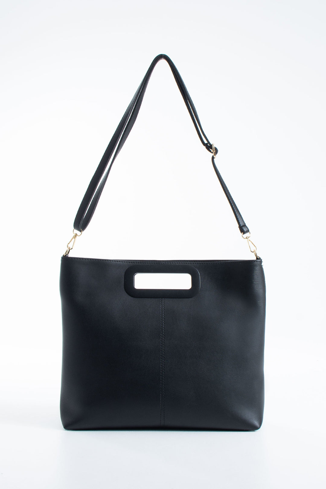Handle Detail Pu Leather Large Handbag with Detachable Strap - Black