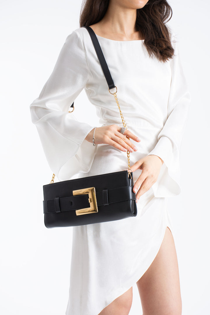 PU Leather Shoulder & Clutch Bag with Large Gold Buckle - Black