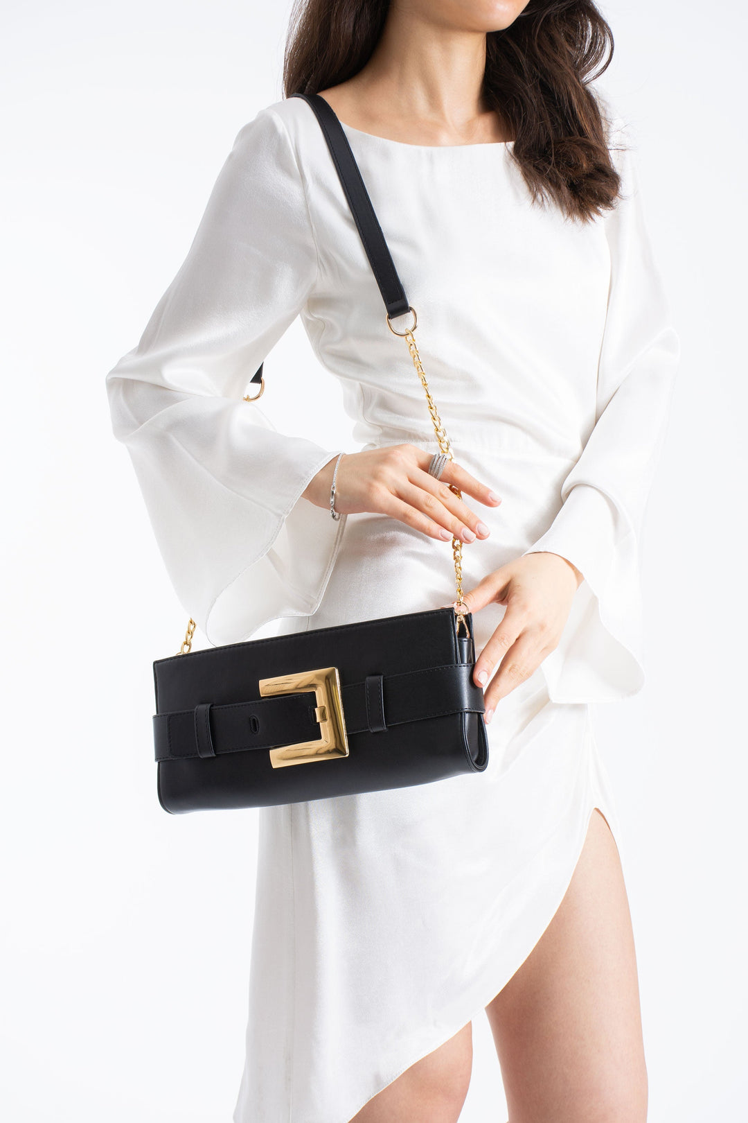 PU Leather Shoulder & Clutch Bag with Large Gold Buckle - Black