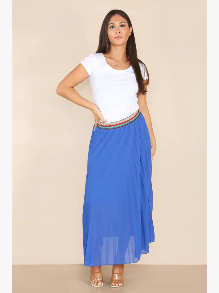 Pleated MAXI Skirt with Rainbow Elasticated Waistband - jqwholesale.com
