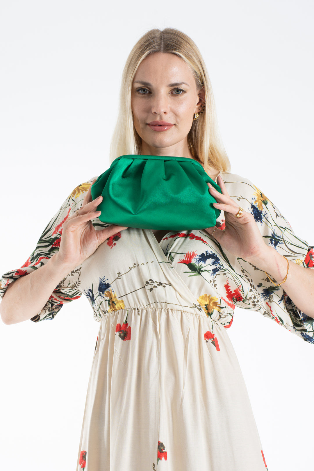 Satin Pouch Bag With Detachable Crossbody Strap - Green
