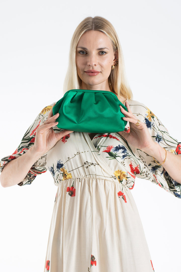 Satin Pouch Bag With Detachable Crossbody Strap - Green