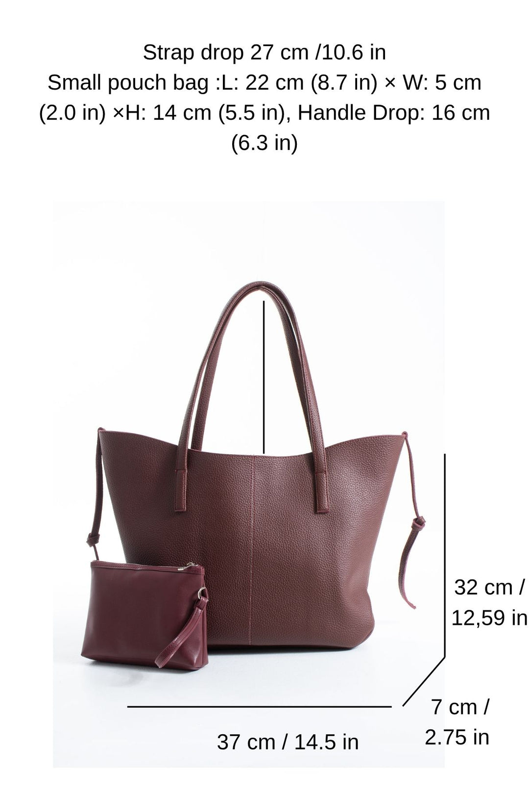 Grain Pu Leather Large Tote Bag with Matching Zipper Pouch  2PCS Set - Burgundy