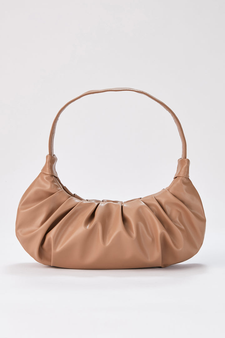 Pleated Pu Leather Shoulder Bag - Nude