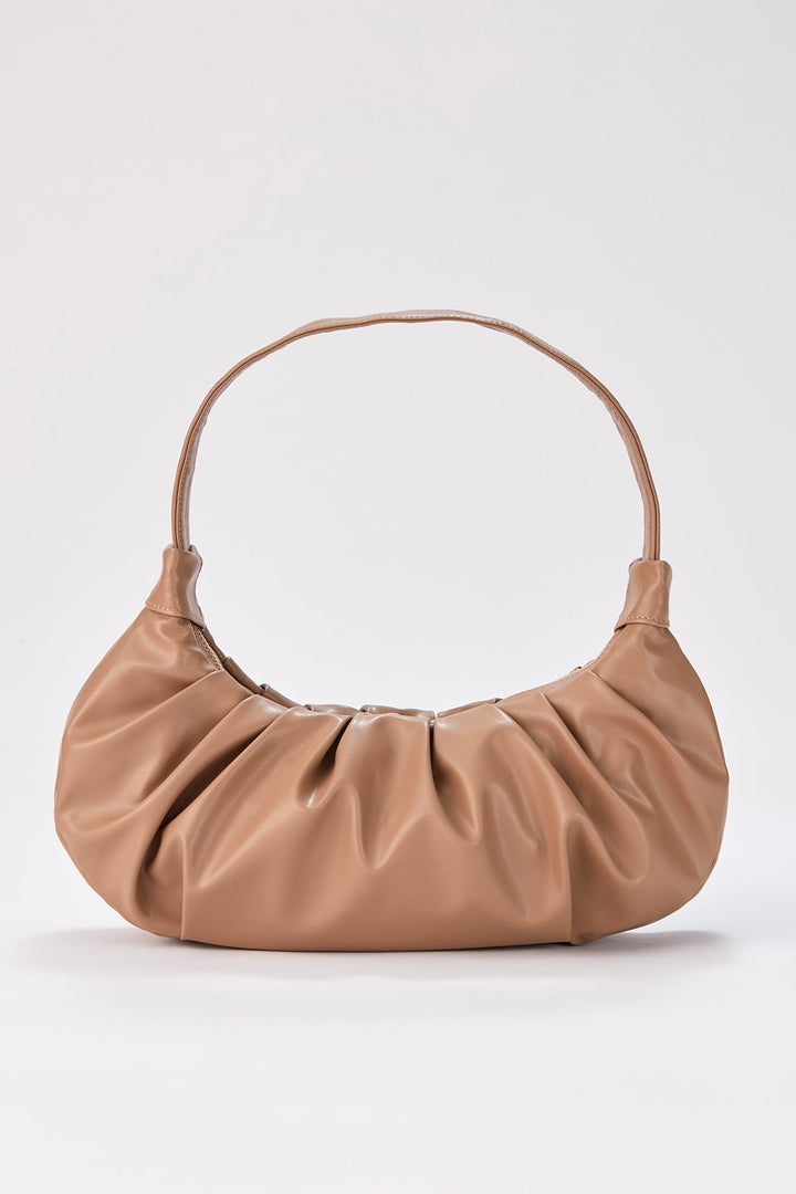 Pleated Pu Leather Shoulder Bag - Nude
