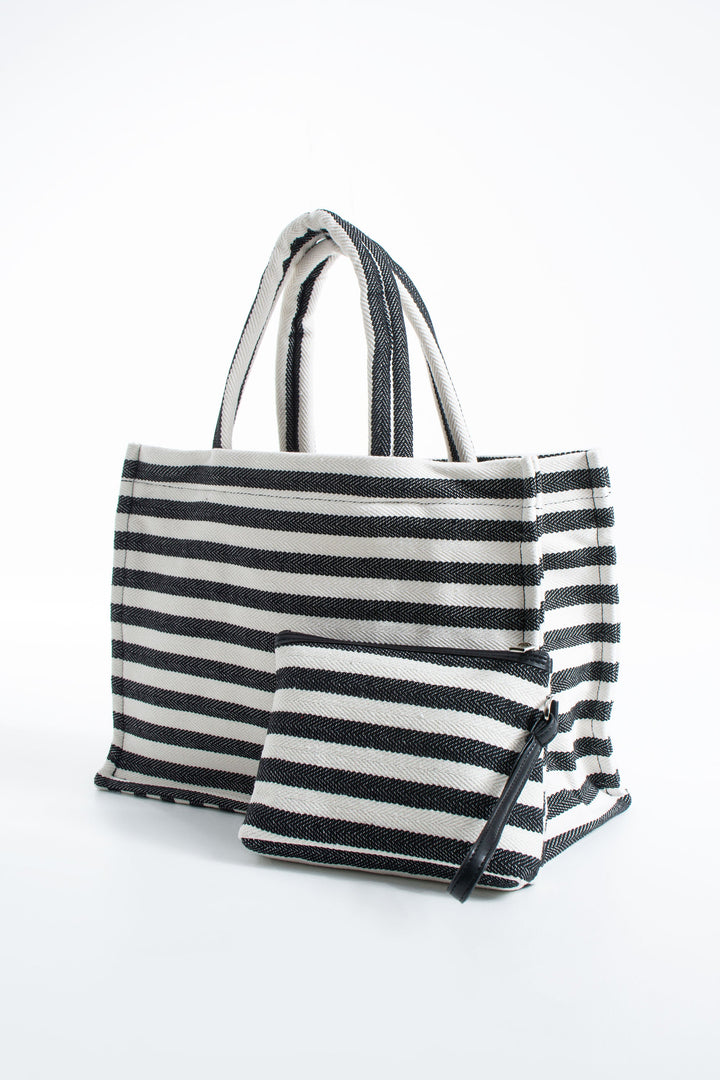Striped Canvas Summer Tote Bag  with Matching Zipper Pouch 2 Pcs Set
