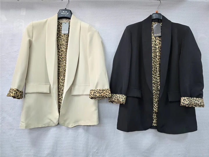 Leopard Trim Turn Up Sleeve Blazer - jqwholesale.com