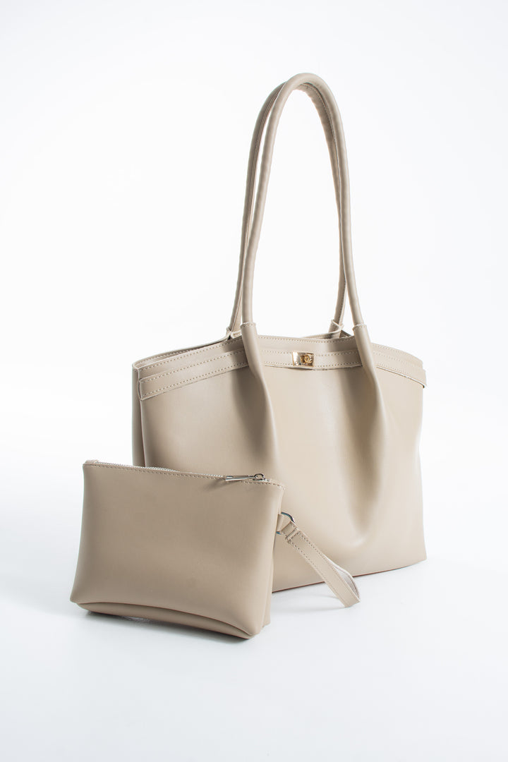 Large PU Leather Shopper Tote Bag with Matching Pouch - Beige