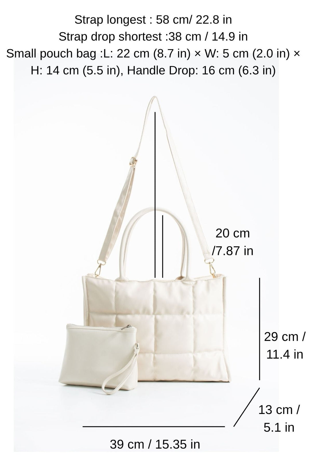 Quilted Pu Leather Tote Bag with Detachable Strap - Cream