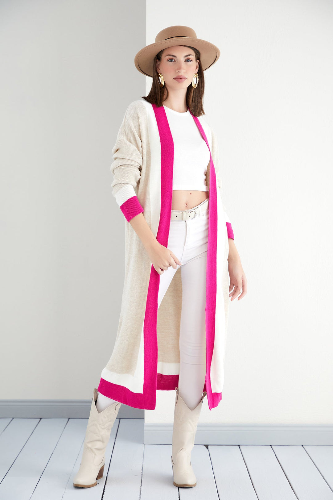 Beige & Fuchsia Color Block Longline Knit Cardigan - jqwholesale.com
