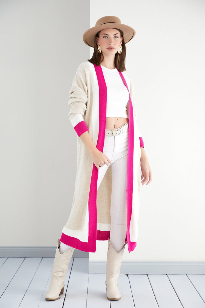 Beige & Fuchsia Color Block Longline Knit Cardigan - jqwholesale.com